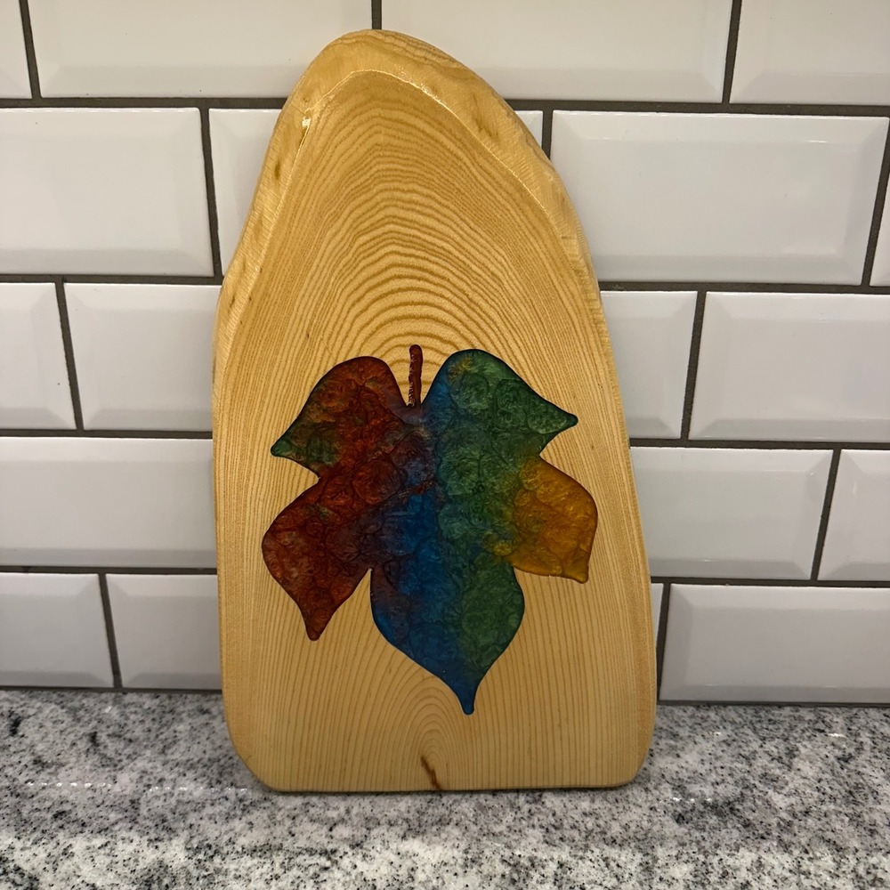 White Mountain Woodworks Live edge Cutting Board Rainbow Resin Leaf Rustic Boho